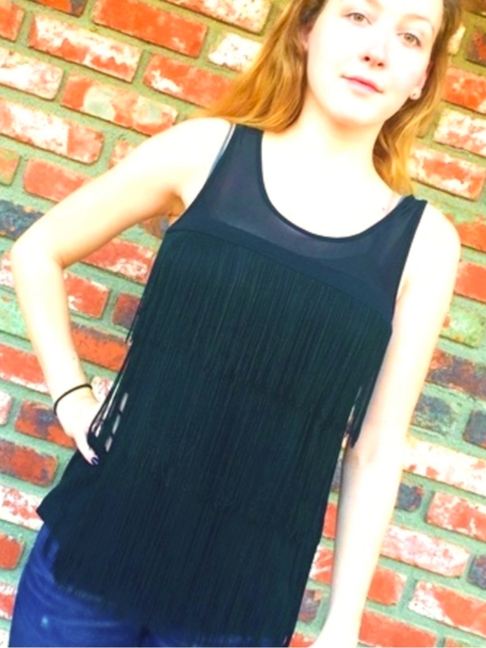 Fun Fringe Black Tank Top sheer panel back